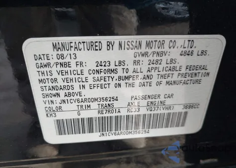 2013 Infiniti G37X z USA, uszkodzony, nr VIN JN1CV6AR0DM356254